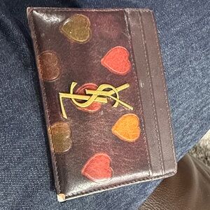 Yves Saint Laurent Brown Leather Card Holder with Multicolor Hearts